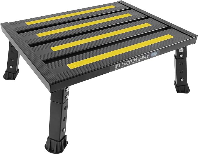 Adjustable RV Step Stool, Wide Platform, Foldable Legs, Black | 3 Height Settings, 1,000-lb Capacity, Aluminum Frame, Non-Slip Rubber Feet, Portable Step for Camper Stairs and Trailers