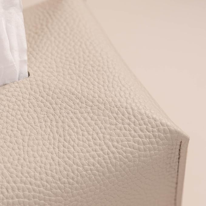 OLETHA Aesthetic Rectangle Tissue Box Cover, Standard, Light Taupe | Faux leather tissue box holder fits Kleenex 110-160 ct flat boxes; desk decor for home, office, room; velcro base; easy swap
