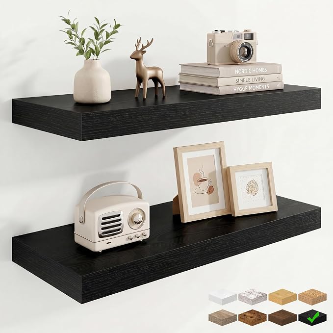 Marsmiles 9.25in Depth 24in Floating Shelves, 24x9.25x1.4, Black, Set of 2 | Wall Mounted Engineered Wood Shelves, Invisible Brackets for Living Room, Bedroom, Bathroom, Kitchen Decor and Storage