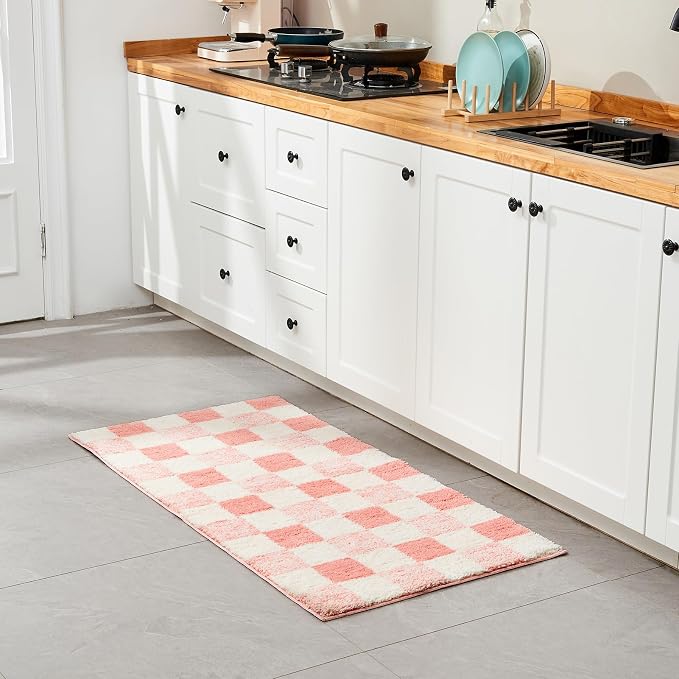 CozeCube Blossom Pink Checkered Bath Runner 59"x24" Non Slip Washable Rug | For Bathroom Non Slip, Fluffy Absorbent Microfiber Bath Mats Machine Wash, Stylish Long Aesthetic Bathroom Rugs