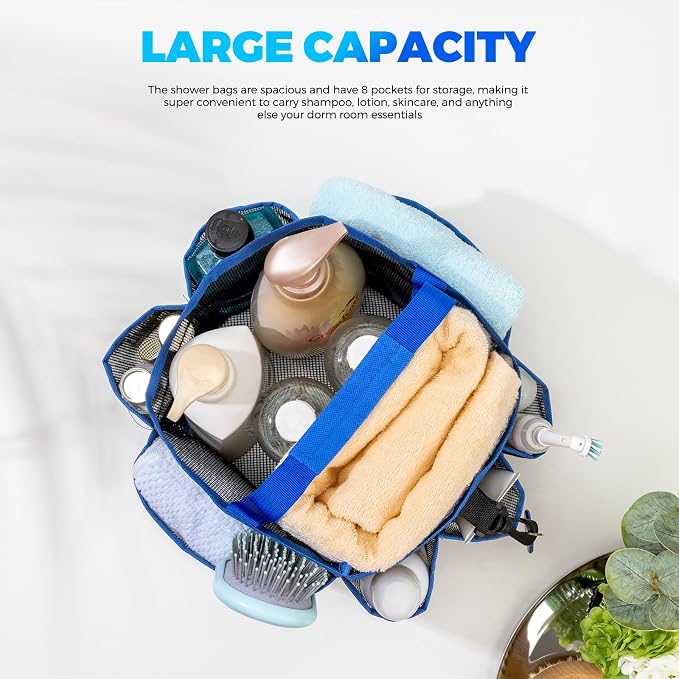 Mesh Shower Caddy Portable for College Dorm Room Essentials with 8-Pocket Large Capacity,Quick Dry Shower Bag for Bathroom, Beach,Gym