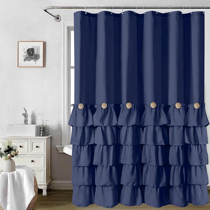 Seasonwood Navy Blue Ruffle Shower Curtain Farmhouse Shower Curtain 72 X 78 | Natural button accents, layered fabric tiers, shabby chic and French country styling for decorative bathroom updates