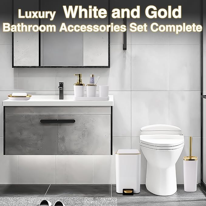 XLHOMO White Bathroom Accessories Set 8 Piece White and Gold Bathroom Set, Bathroom Sets with Stainless Steel Trash Can,Toilet Brush,Toothbrush Set,Soap Dispenser
