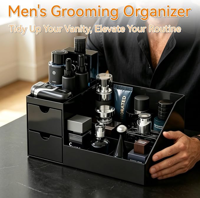 Makeup Organizer with 2 Drawer,Black Cologne Organizer for Men,Cologne Stand and Rack,Skin Care,Perfume Organizer Holder and Fragrance Shelf for Vanity,Bathroom Countertop and Dresser Top,1PCS