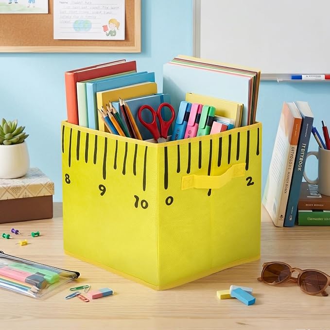 6 Pcs 11in Fabric Storage Bins, Collapsible Cubby Baskets with Handles | Collapsible & flat‑fold, Side handles for easy tote, Colorful school prints, Classrooms, homes, daycares all work