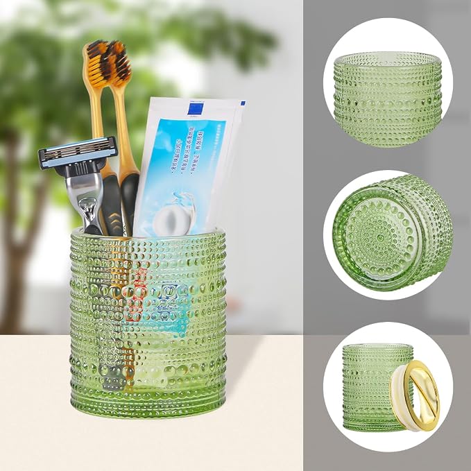 Green Toothbrush Holders, 2pcs Glass Toothbrush Holder Set, 10oz Bathroom Tumbler Cup, Gold Tooth Brush Holder Storage Cup Organizer for Bathroom Accessories, Brushes,Toothpaste,Razor