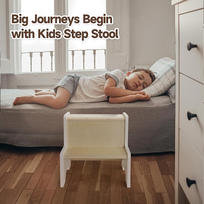 Kids Step Stool for Toddler, Wooden White-Natural Patchwork Two Step Children's Stools with Handles, Bonus Non-Slip Pads for Safety, Bathroom Potty Stool & Kitchen Step Stools Dual Height