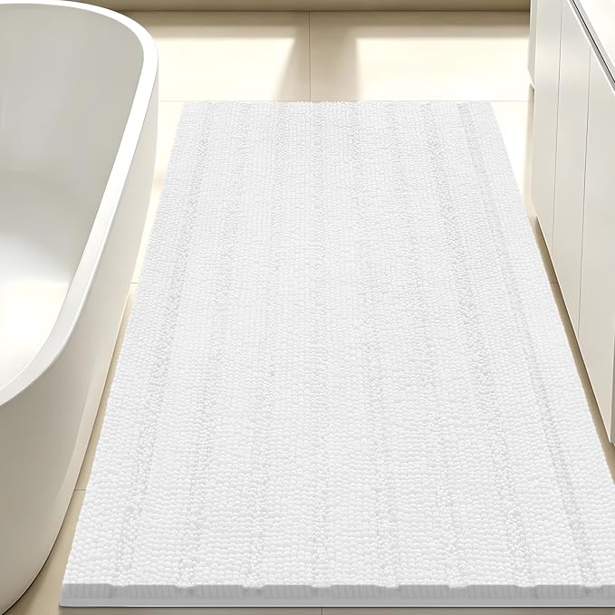 Bcoimo Bath Rug Mat,White Chenille High Absorbent Long Bathroom Runner Rugs | Non Slip with Rubber Backing Bathroom Floor Mat;High Absorbent And Quick Drying 48x30 Microfiber mats; Machine Washable Mats