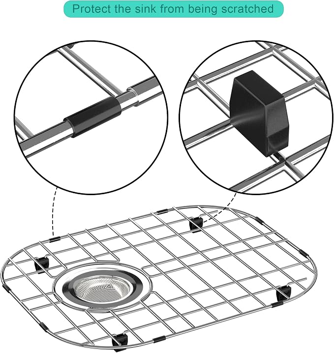 SANNO Kitchen Sink Protectors Gird Sink Rack, 14.57" L X 11.2" W Bottom Grid with Rear Drain Hole for Double Sink, Stainless Steel, 2 Pack