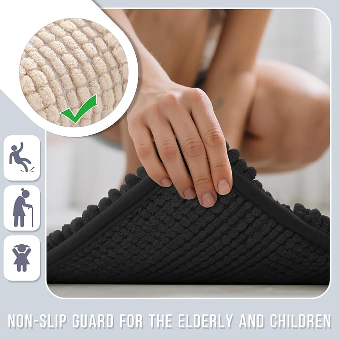 Yimobra Bathroom Rug Mat 44 x 24, Non Slip and Super Absorbent Bath Mat,Machine Washable Quick Dry,Ultra Plush Chenille Shower Rugs for Bathroom Floor Sink Tub and Shower Outside,Black