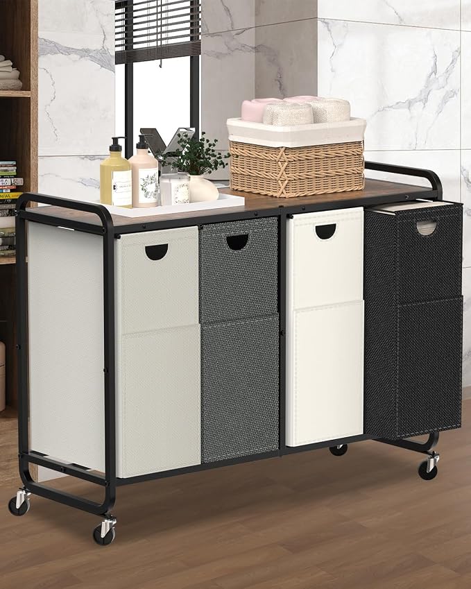 Laundry Sorter 4 Section,Laundry Basket with Wheels,4×15.8 Gal (60L) Laundry Hamper Organizer with Large Wooden Desktop Sorter,Pull-Out and Removable 900D Oxford Fabric Laundry Bags for Laundry Room