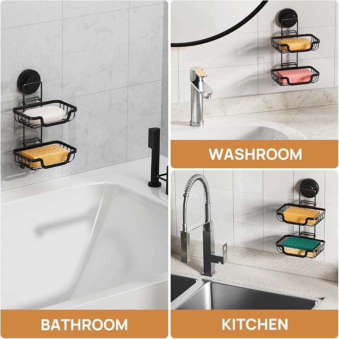 Bar Soap Holder with Hooks, Suction Cup Soap Dish Stainless Steel | 2 Layer Soap Holder Shower Wall Mounted, Soap and Razor Holder for Shower, Rustproof for Bathroom, Sponge Holder Saver