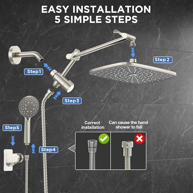Veken Brushed Nickel 11.8" Shower Head with Handheld,Stain Resistant Finish | Handheld Shower Head with Multi Spray Modes,Rainfall Combo with 15" Metal Extension Arm,Detachable Dual Shower,Regaderas Para