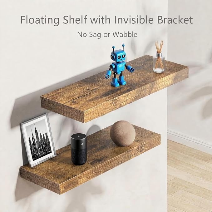 Vervida® Rustic Brown Floating Wall Shelves 35.4in Set of 3 Farmhouse | Rustic Brown Floating Shelves 35.4 x 9.3 in for Bathroom, Invisible Brackets Easy Install, Extra Long Farmhouse Decor Display