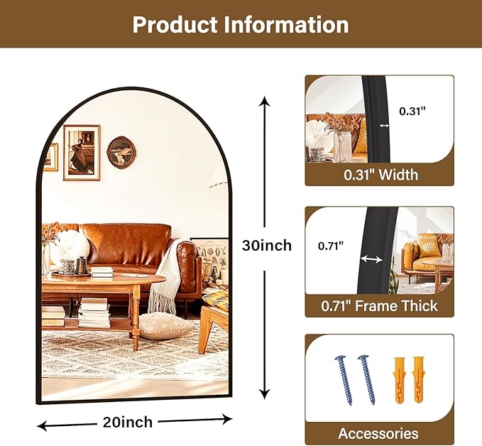 XRAMFY 20"x30" Black Arched Bathroom Mirror - Wall Mirror for Bathroom, Metal Frame Vanity Mirror, Dresser Mirror, Arch Decorative Mirrors for Living Room, Bedroom, Entryway, Mantle