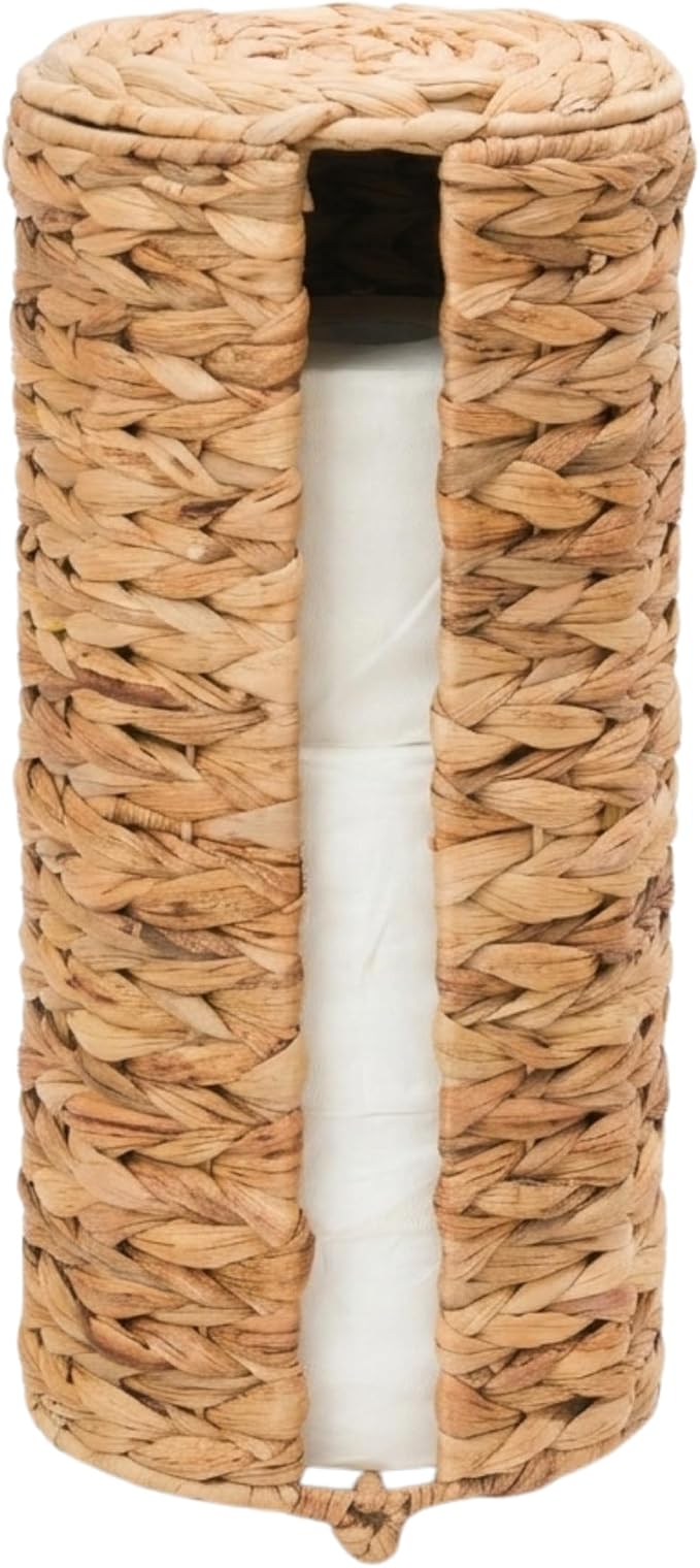 KOKODO Water Hyacinth Free Standing Toilet Paper Holder for Bathroom, Holds 3 Rolls of Toilet Tissue Storage with Removable Lid, Woven Wicker Toilet Roll Holder Stand with Easy Access Front Opening