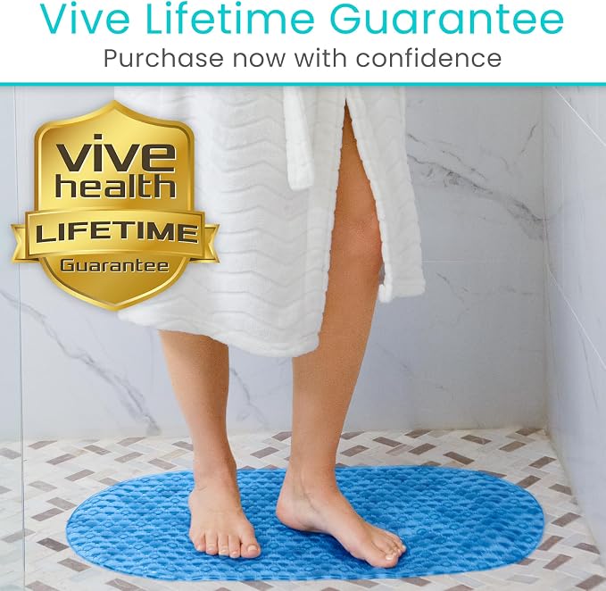 Vive Oval Bathtub Mat - Nonslip Shower Floor Pad - Non-Slip and Non-Skid | For Bath Tub with Strong Rubber Suction Cup Grip - for Baby, Elderly, Kids, Bathroom (Blue)
