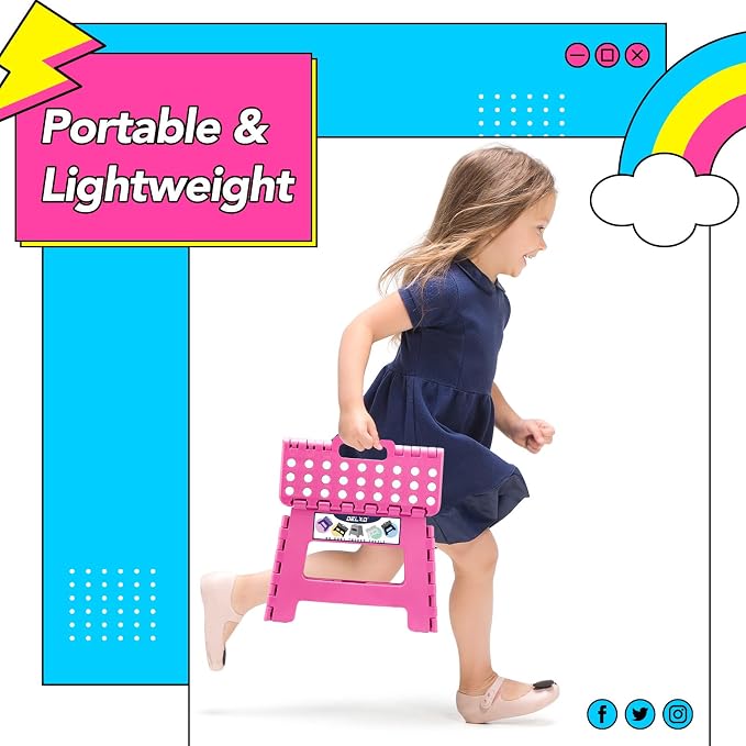 Delxo 9 Inch Kids Step Stool,300 Lbs Folding Step Stool for Toddler Pink | Foldable Step Stool,Non-Slip Foot Stools with Handle, Lightweight Collapsible Stool for Kitchen,Bathroom,Bedroom,Garden