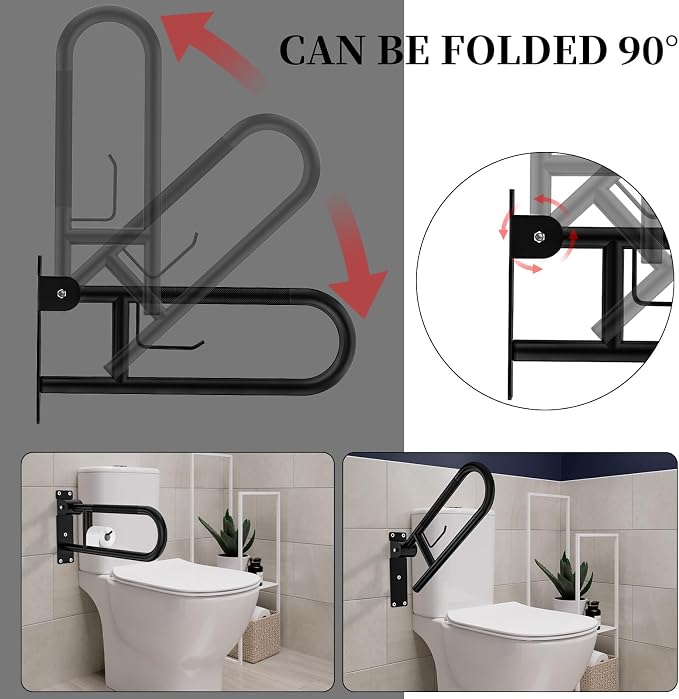 Toilet Grab Bar 24 Inch, YuanDe Flip Up Grab Bar with Paper Holder | Matte Black Anti-Slip Safety Bars for Toilet, Stainless Steel Knurled Toilet Handles for Seniors Disabled Elderly Pregnant