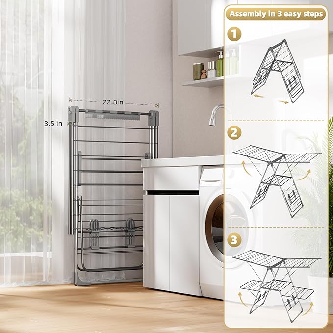 Clothes Drying Rack Foldable, 2-Tier Stainless Steel Heavy Duty Laundry Rack with Adjustable Height Wings, Sock Clips, Space Saving Drying Rack Clothing for Indoor & Outdoor, Apartment, Balcony