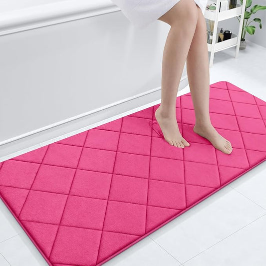 OLANLY Memory Foam Bath Mat 59x24, Ultra Soft and Absorbent Bathroom Rugs | Deep Pink, Quick Dry, Machine Washable Shower Bath Rugs, Comfortable Bath Carpet for Bathroom Floor, Tub and Shower