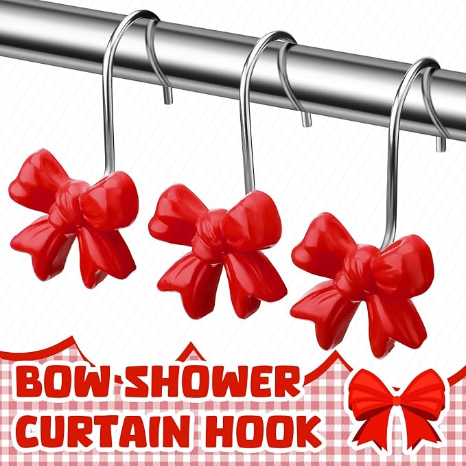Yaocom 12 Pcs Red Bow Shower Curtain Hooks Rustproof Metal Rings | Decorative Bow Knot Style for Bathroom Bedroom Decor, Smooth Glide on Rod, Bulk Set for Curtain Replacement, Rustproof Finish