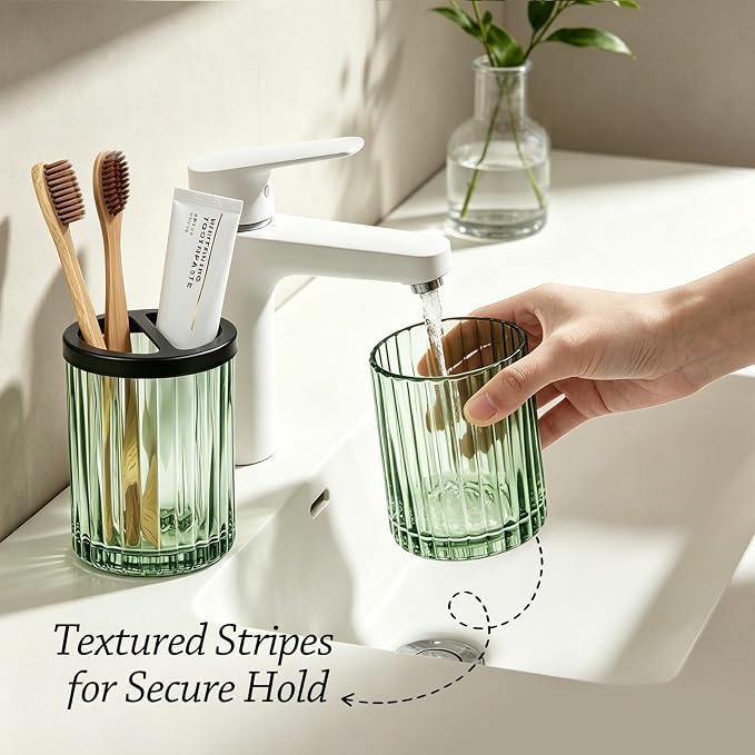 8oz Toothbrush Holders for Bathrooms, Green Striped Toothbrush Cup, Green | Bathroom Tumbler and Mouthwash Cup with Black Divider, Tooth Brush and Toothpaste Organizer for Countertop
