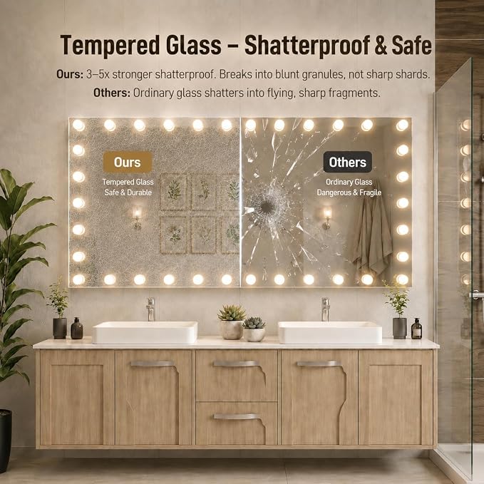 WTTY 84"x40" Hollywood Vanity Mirror with Lights | Wall Mounted Makeup Mirror, 3 Color Temperatures, Stepless Dimmable Bulbs, Anti-fog, Tempered Glass, Shadow-free