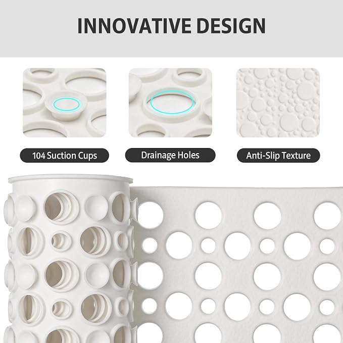 Shower Mat Non Slip Bath Mat for Tub - 28" x 15" Soft TPE Bathtub Mat Non Slip Shower Mats for Inside Shower, Anti Slip Shower Mat with Suction Cups, Quick-Drying Bath Tub Mat, White