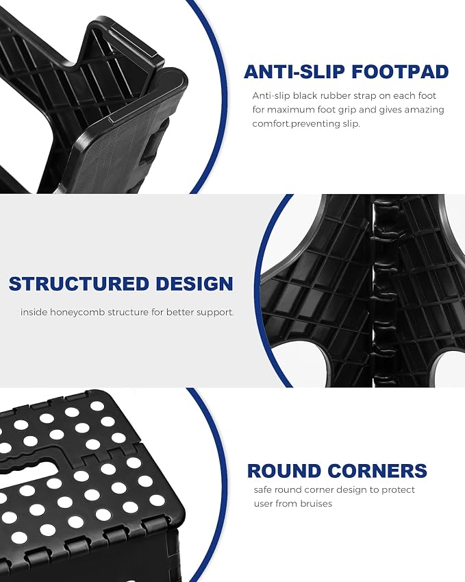 ACKO 11" Folding Step Stool for Kids, Non-Slip Foldable Step Stools, Black | Heavy Duty Collapsible Foot Stool, Lightweight with Built-in Handle, Holds 300 lb for Adults Kitchen Bathroom Bedroom Outdoor
