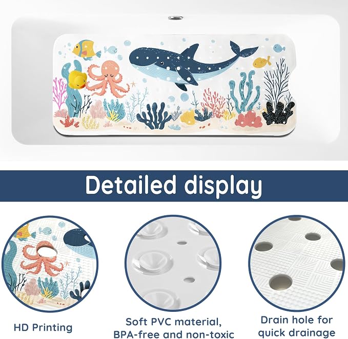 LNOND Bath Mat for Tub for Kids, Toddler Bathtub mat Non Slip, Whales and Coral Kids Bath Mats for Bathroom Non Slip with Drain Holes and Suction Cups,Machine Washable (40 X 16 Inch)
