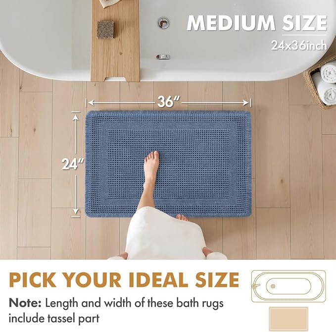 MIULEE Set of 2 Waffle Bathroom Rugs Blue Boho Bath Mat 24x36 in | Looped Design, Super Absorbent, Non Slip, Washable, Ultra Soft, Rubber Backed, Bathroom Mats for Floor Tub Shower