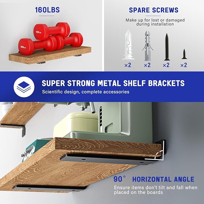 Goovilla Shelf Bracket, Floating Shelf Brackets 12 inch Long, 4 Pack, Black | Heavy Duty Brackets for Shelves, Black Coated Metal Wall Shelf Support Brackets with 1/5 Inch Thick and 160 lb. Load Capacity