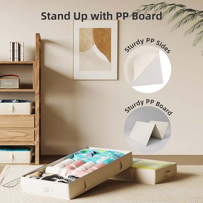 2-Pack Under Bed Storage Containers, 6 Inches Tall Clothes Storage, Beige | High Side Collapsible Underbed Organizer Bin with Sturdy Sidewalls/Bottom, Cotton Linen Bins, For Seasonal Clothes & Bedding