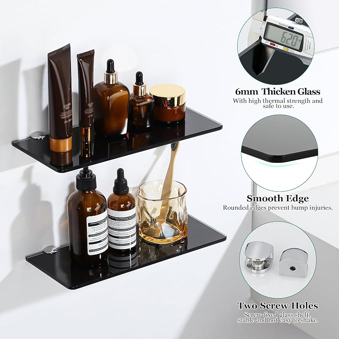 SAYAYO Glass Floating Shelves for Wall, Tempered Glass Shelves for Bathroom | Living Room, Bedroom, Office, Toilet, Kitchen Decor, 12 Inch Set of 3, Black