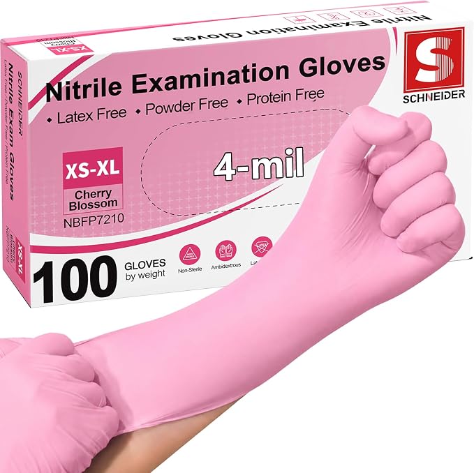 Schneider Medical Nitrile Exam Gloves, Powder & Latex Free, Pink | Disposable for Medical Exams, Cooking, Food Prep, Cleaning, Home, Household Use, 4Mil