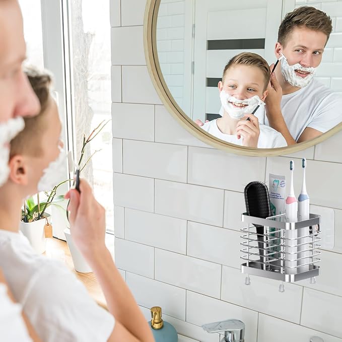 Luxspire Toothbrush Holders for Bathroom, Stainless Steel, 2 Slots, Silver | Wall Mounted ，Electric Toothbrush Holder, Toothbrush and Toothpaste Holder, Bathroom Organizer Essentials