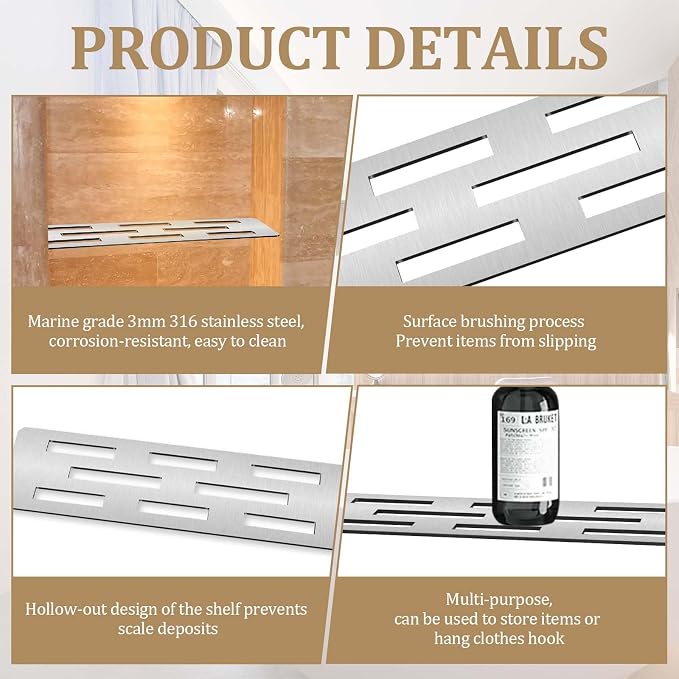12 Inch Shower Niche Shelf Brushed 316 Stainless Steel Finish Tile Insert | Rectangular Shelf for 12 Inch Tile Prefabricated Niches, Fits 1/8 Inch Grout Lines, Shower Niche Insert Brushed 316 Stainless