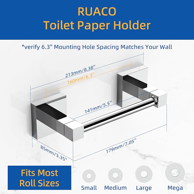 RUACQ Chrome Toilet Paper Holder Wall Mount for Bathroom | Dual-Post Pivoting Tissue Roll Holder with Square Base, Rustproof 304 Stainless Steel, Screw-in, for Hotel Apartments, Modern