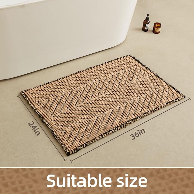 Sunfly Waffle Bath Mat, Boho Bathroom Rugs Non Slip Washable Super Absorbent Quick Dry Bath Mat Farmhouse Bathroom Decor, 24"x36" Black &Khaki