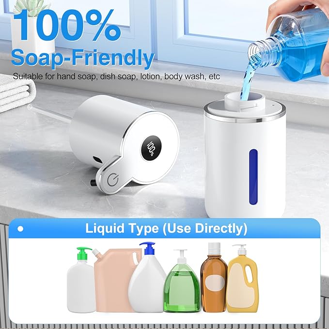 Fachixy Automatic Liquid Soap Dispenser Touchless, Smart Digital Display | 12.8oz/380mL, Up to 90 Days Battery Life, 6 Adjustable Level, Rechargeable, Wall Mountable IPX5 for Kitchen & Bathroom, White