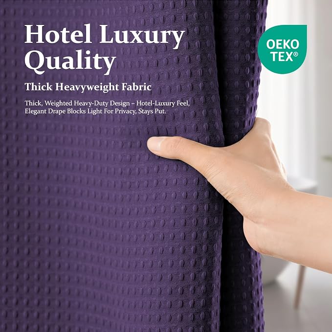 Extra Wide Waffle Shower Curtain 256 GSM Fabric 108x72 Purple | 108 Inch Wide, Thick Polyester Cloth, Weighted Hem, Water Repellent, Washable, Hotel Shower Curtain Set for Bathroom 18 Hooks