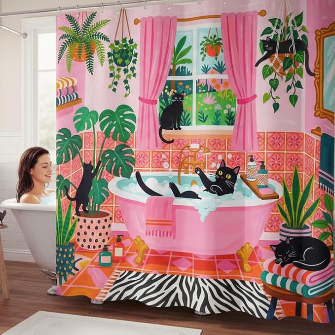 Accnicc Funny Cat Shower Curtain Boho Cute Fun Black Cats Shower Curtains for Bathroom Green Tropical Plant Pink Decorative Girly Waterproof Fabric Bath Curtain Decor 72 X 72 Inches