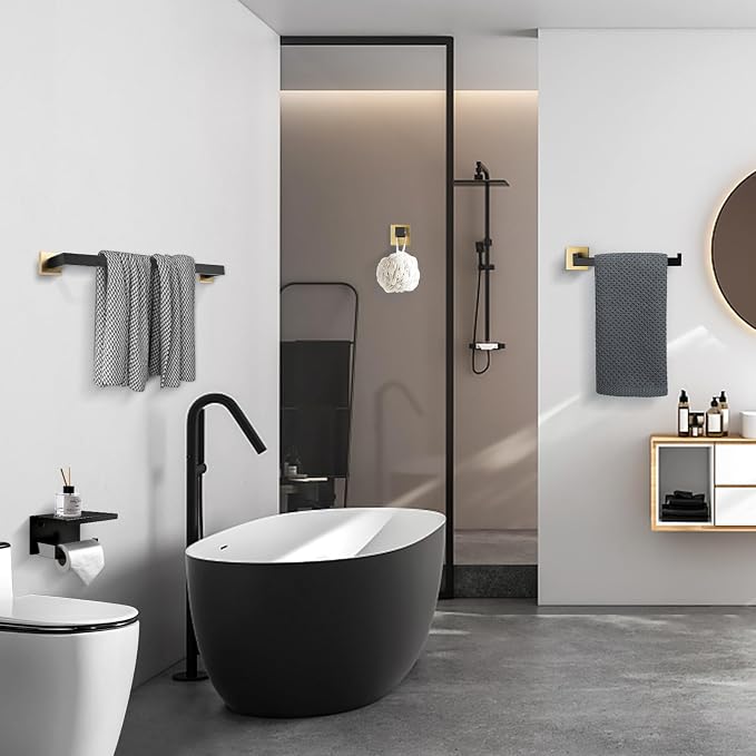 TURS 4-Piece Bathroom Hardware Set Brushed Gold and Black Towel Bar Set Include Towel Bar Hand Towel Holder Toilet Paper Holder with Shelf Robe Hook Stainless Steel Bathroom Accessories Sets