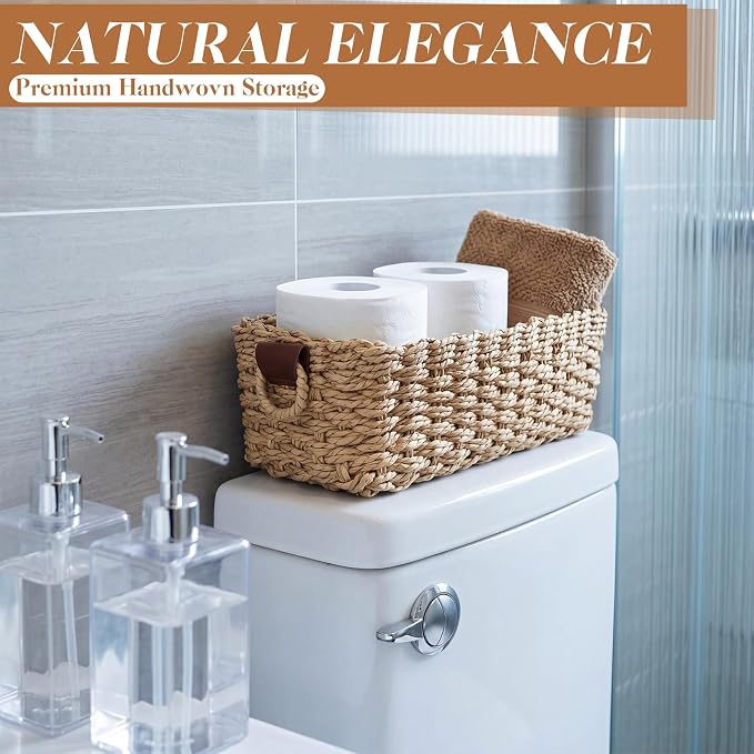 Natural Set of 3 Paper Rope Storage Baskets, Large Medium Small Woven Nesting Storage Container with Handles for Closet, Pantry, Bathroom, Shelf Organization Rustic Farmhouse Decor