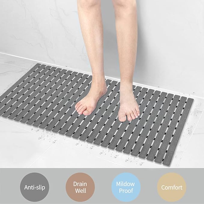MBOSS Bathtub Mat Non Slip, Shower Mat for Inside Shower, Suction Cups Design and Drain Holes, 37.5 X 15.7 Inch, Bathroom Essentials Safe, Easy to DIY Cut, Soft and Eco-Friendly Materials