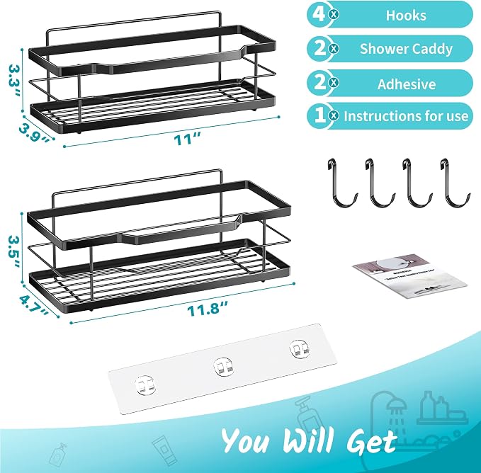 Moforoco Shower Caddy Shelf Organizer Rack, Self Adhesive Black Bathroom Shelves Basket, Home Farmhouse Wall Inside Organization and Storage Decor Rv Accessories, First Camper Apartment Essentials