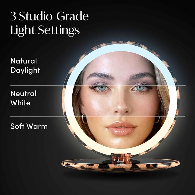 Fancii Taylor LED Lighted Travel Makeup Mirror, Rechargeable, 10x /1x Magnifying, Tru-Glow Lighting System, XL Large 5” Wide | Compact Mirror for Purses (Cheetah Chic)