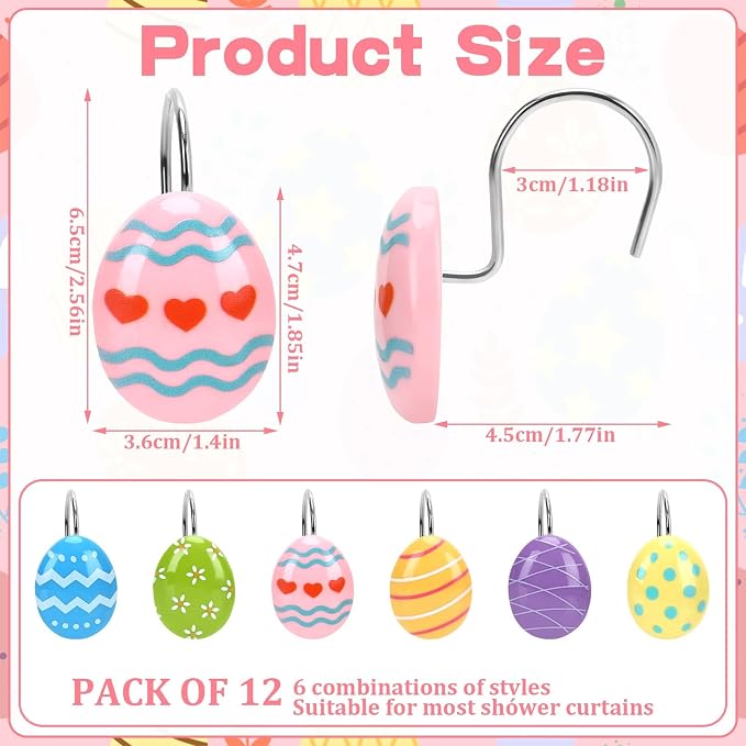 12 Pcs Easter Shower Curtain Hooks Colorful Egg Bathroom Decor | 12 resin and metal Easter egg shower curtain hooks, fit rods up to 1.2 inches,reusable, easy install for spring party decor