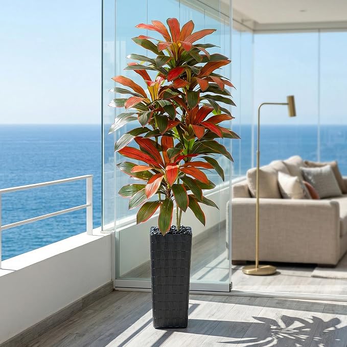 Artificial Red Dracaena Tree Indoor, 7FT Tall Fake Floor Plants with Black Planter & Pebbles, Faux Silk Yucca Tree for Home Office Living Room Bedroom Farmhouse Modern Outdoor Topiary Tree